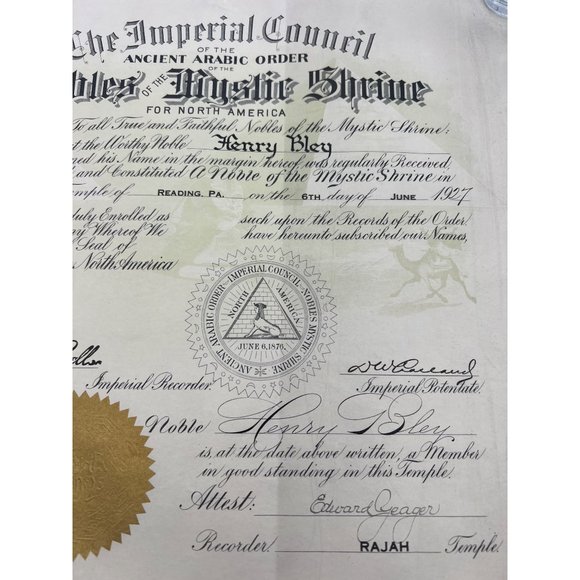 1927 Nobles of the Mystic Shrine Membership Certificate Rajah Temple Reading PA - Picture 4 of 8